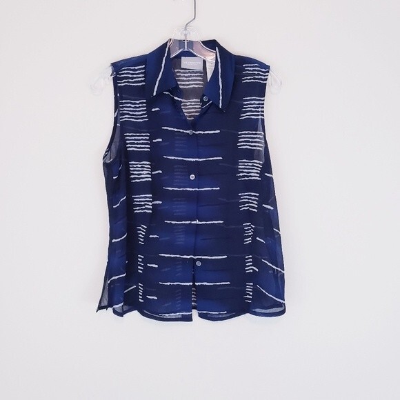 Liz Claiborne Navy Blue White Sleeveless Blouse Sheer Collared Button Down 8 M - Picture 3 of 6